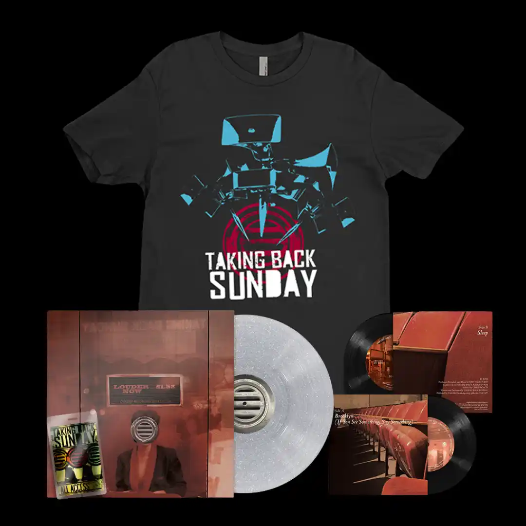 Taking Back Sunday Louder Now 20th Anniversary official-store collection with T-shirt, box set, vinyl, single, and all-access pass